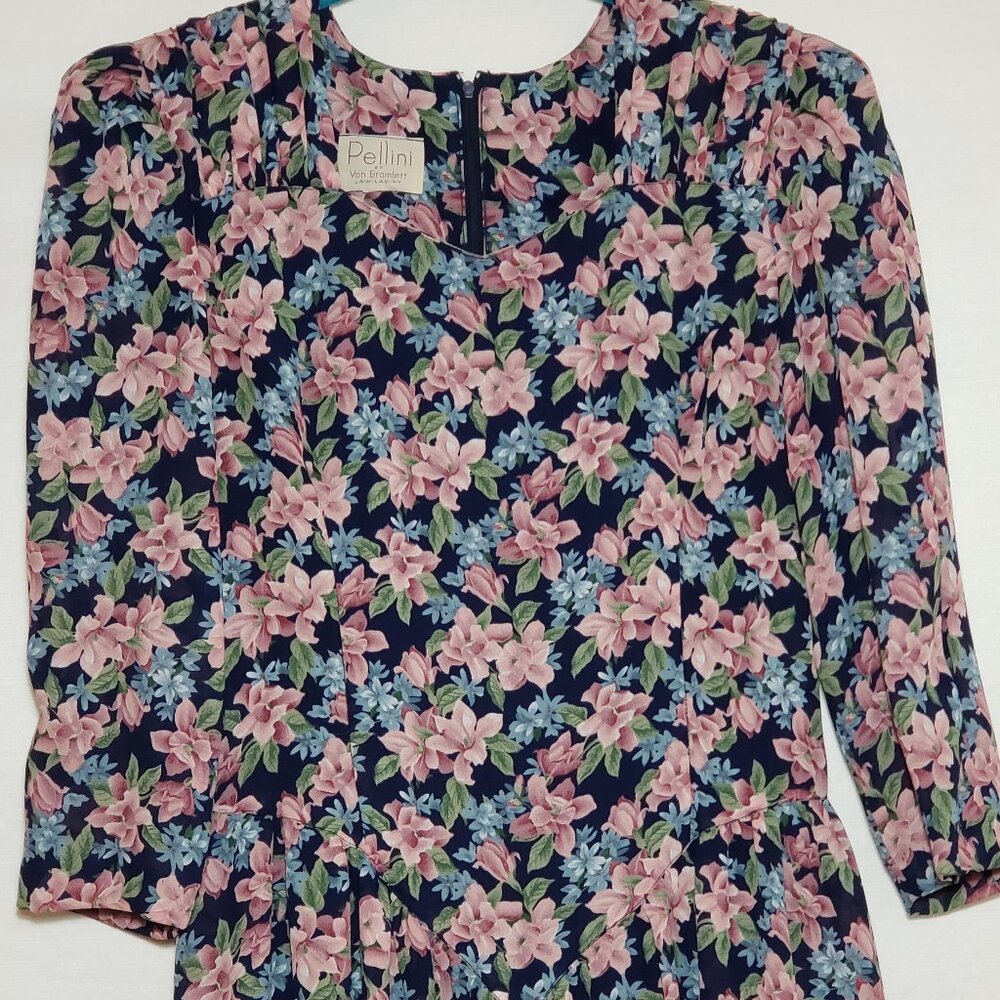 Vintage Navy Floral Midi Dress with Pink Blossoms - Picture 5 of 7